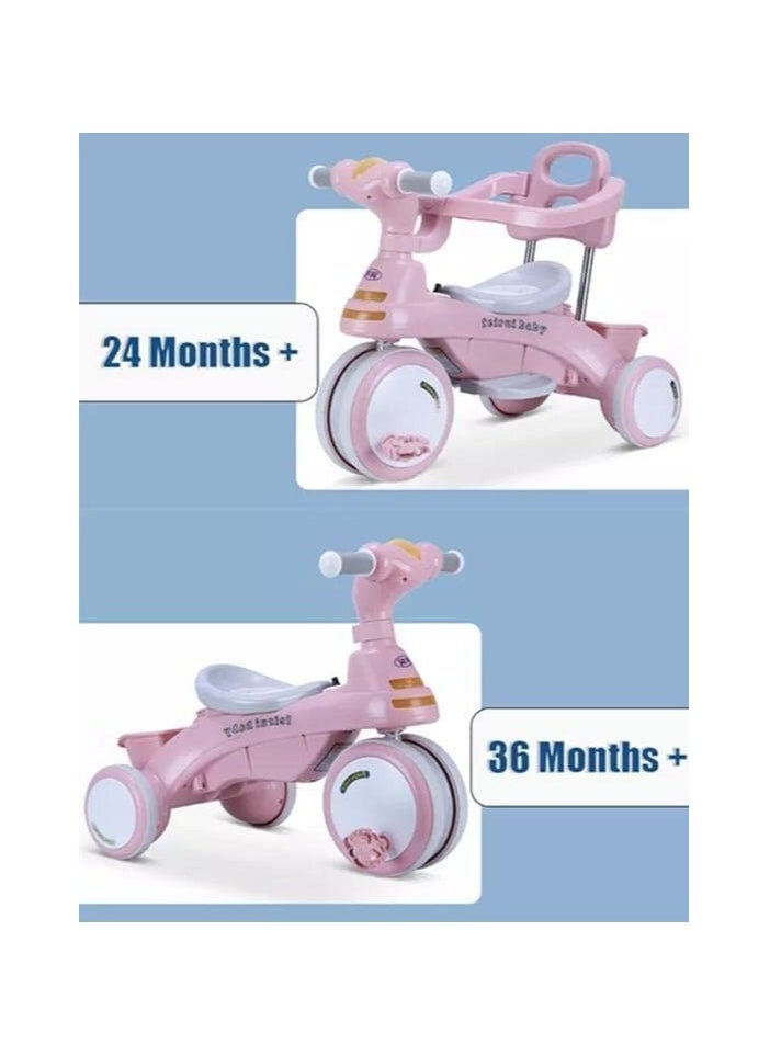 4 in 1 Kids Tricycle, Baby Tricycle ABS Foot Pedals Storage Bag Sponge Guardrail And Shock-Absorbing Wheels Tricycle For 1-6 Years Old Pink