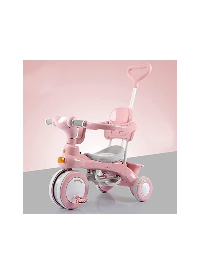 4 in 1 Kids Tricycle, Baby Tricycle ABS Foot Pedals Storage Bag Sponge Guardrail And Shock-Absorbing Wheels Tricycle For 1-6 Years Old Pink