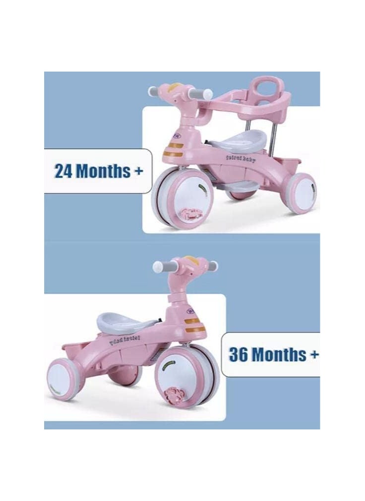 Zexen 4 in 1 Kids Tricycle, Baby Tricycle ABS Foot Pedals Storage Bag Sponge Guardrail And Shock-Absorbing Wheels Tricycle For 1-6 Years Old Pink