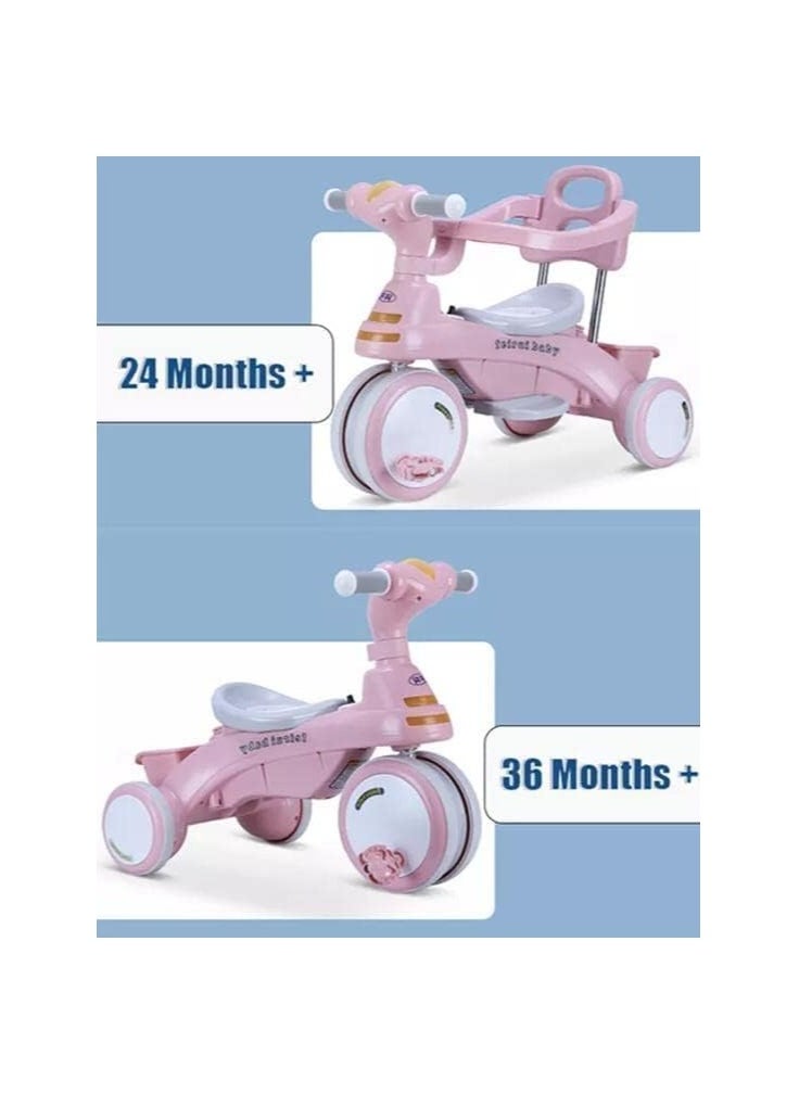 4 in 1 Kids Tricycle, Baby Tricycle ABS Foot Pedals Storage Bag Sponge Guardrail And Shock-Absorbing Wheels Tricycle For 1-6 Years Old Pink