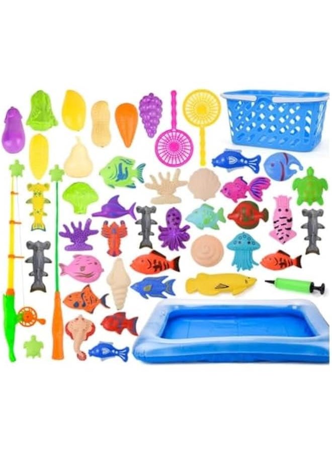 Kids Pool Fishing Toys Games - Magnetic Floating Toy Magnet Pole Rod Fish Net Water Table Bathtub Bath Game - Learning Education For age 3 4 5 Boys Girls Toddlers Carnival Party Favors