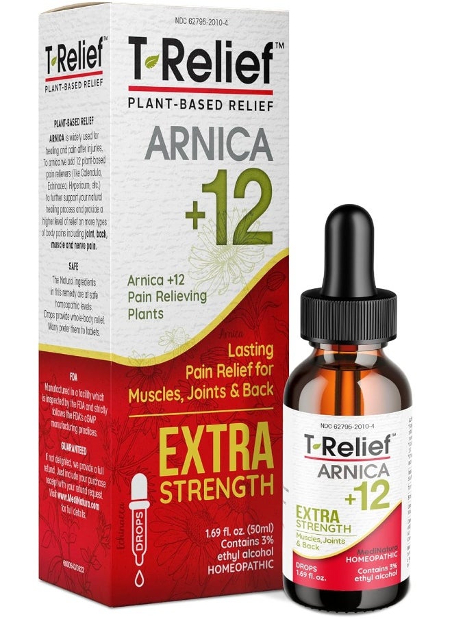 MediNatura T-Relief Extra Strength Pain Relief Drops Arnica +12 Fast-Acting Natural Relieving Actives for Back Neck Joint Muscle Hand & Foot Aches Pains & Soreness - 1.69 oz