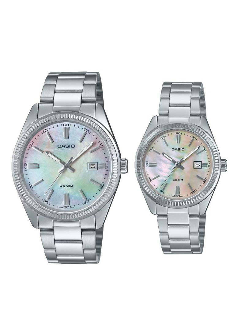 Quartz Analog Mother of Pearl Dial Stainless Steel Couple Watch MTP/LTP-1302DS-7A/4A