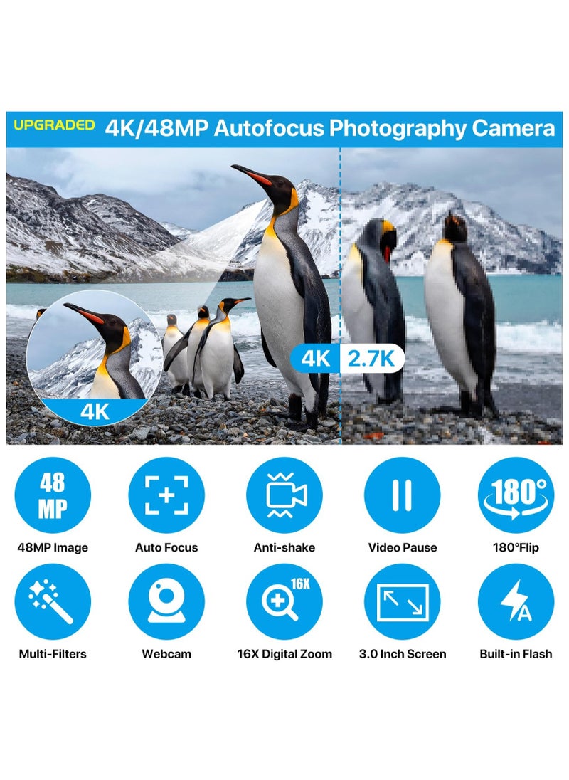 4K Digital Camera for Photography Auto Focus 48MP 4K Camera with SD Card, 180° 3.0 Inch Flip Screen Vlogging Camera with 16x Digital Zoom, Anti-Shake, 1 Batteries