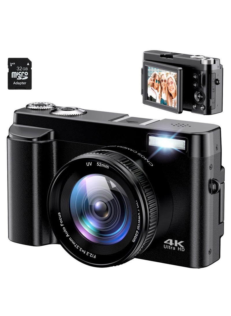 4K Digital Camera for Photography Auto Focus 48MP 4K Camera with SD Card, 180° 3.0 Inch Flip Screen Vlogging Camera with 16x Digital Zoom, Anti-Shake, 1 Batteries