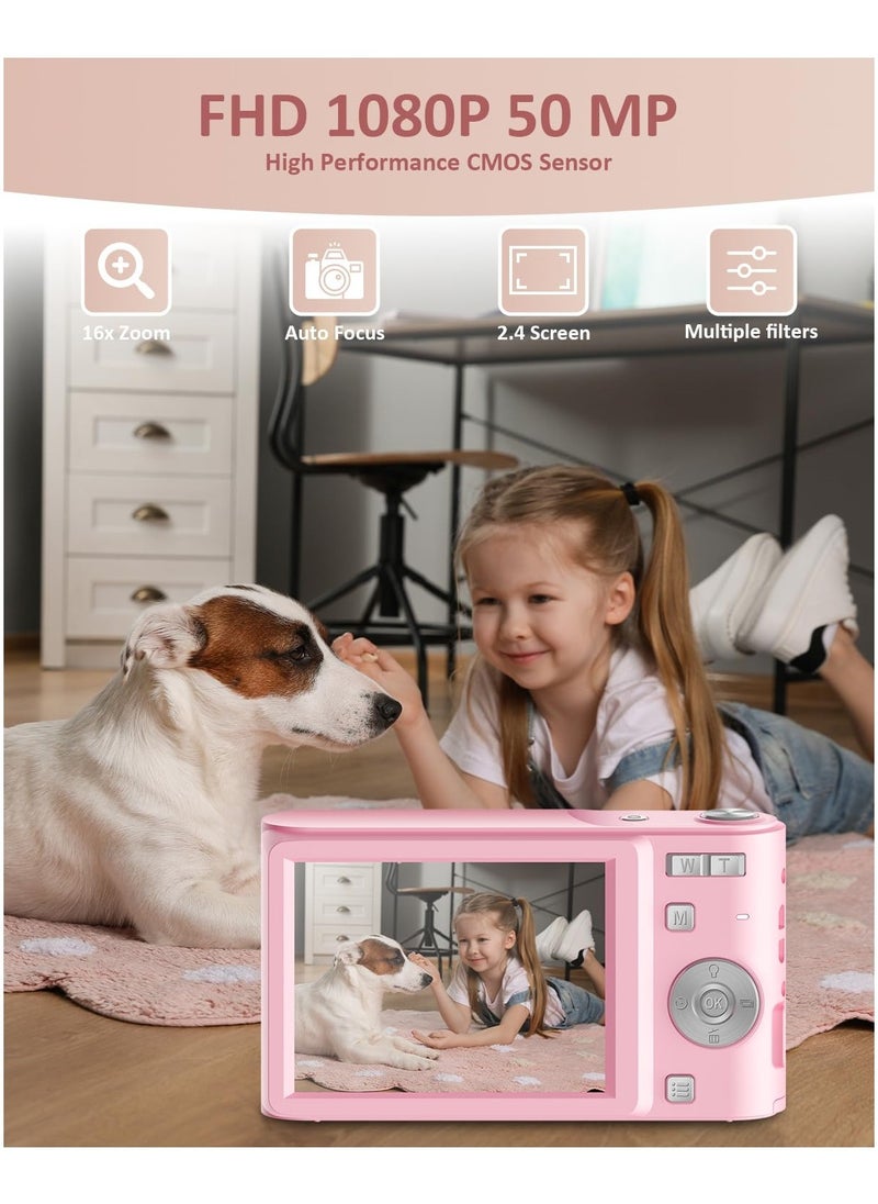 Digital Camera, 50MP Full HD 1080P Camera with 16x Zoom Anti-Shake, Compact Camera for Teens Girls Boys, Kids Camera with 32GB SD Card