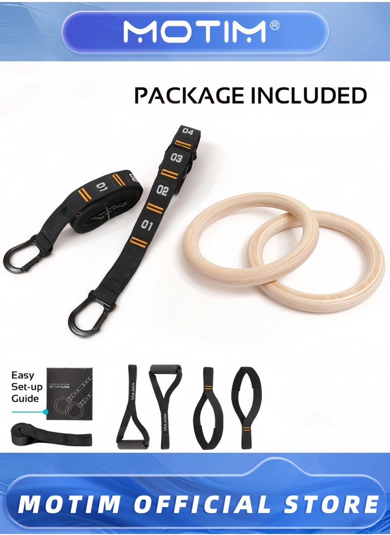 Wooden Gymnastic Rings with Adjustable Numbered Straps Rings for Core Workout Crossfit and Body-weight Training