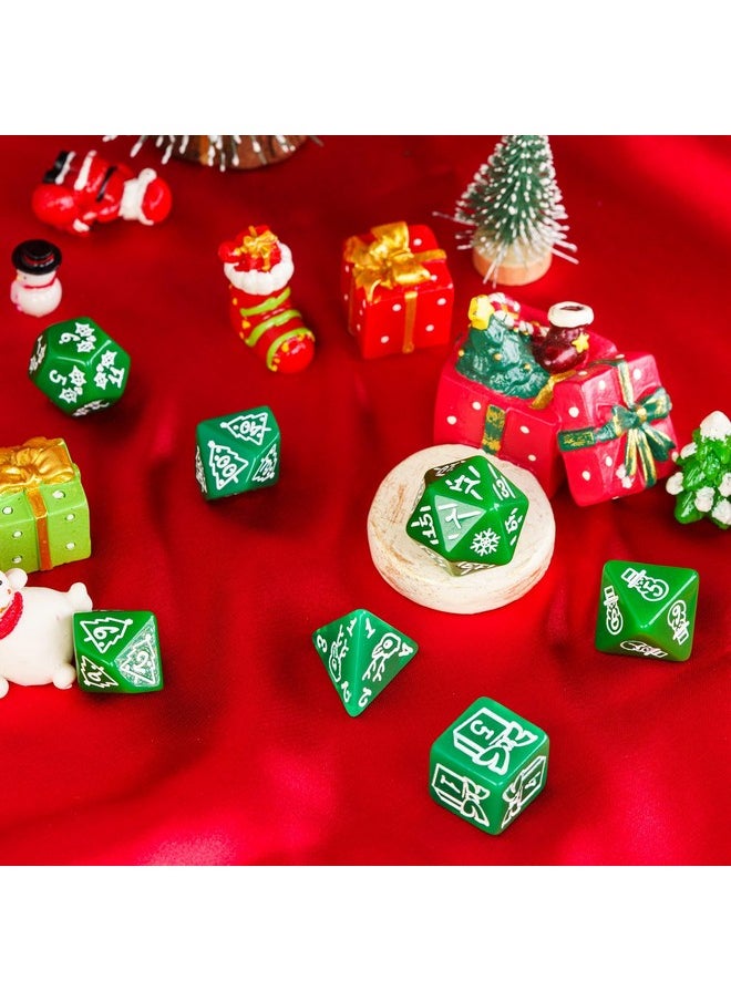 Christmas Dice 7-Die Polyhedral Dnd Dice With Christmas Tree And Snowman Pattern Adapted For Dungeons And Dragons Mtg Tabletop Game D&D (Green)