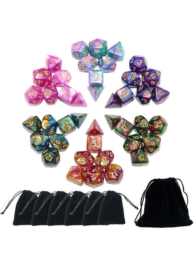 6 X 7 Sets (42 Pcs) Glitter Polyhedral Dice Sets With Pouches For Dnd Rpg Mtg Dungeon And Dragons Table Board Roll Playing Games D4 D8 D10 D12 D20 (6 Sets)