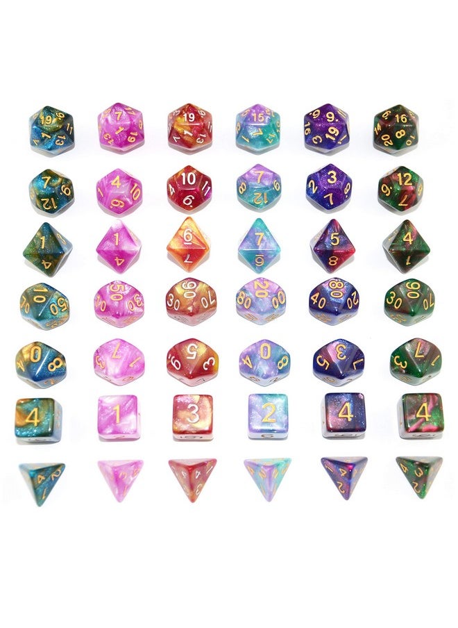 6 X 7 Sets (42 Pcs) Glitter Polyhedral Dice Sets With Pouches For Dnd Rpg Mtg Dungeon And Dragons Table Board Roll Playing Games D4 D8 D10 D12 D20 (6 Sets)