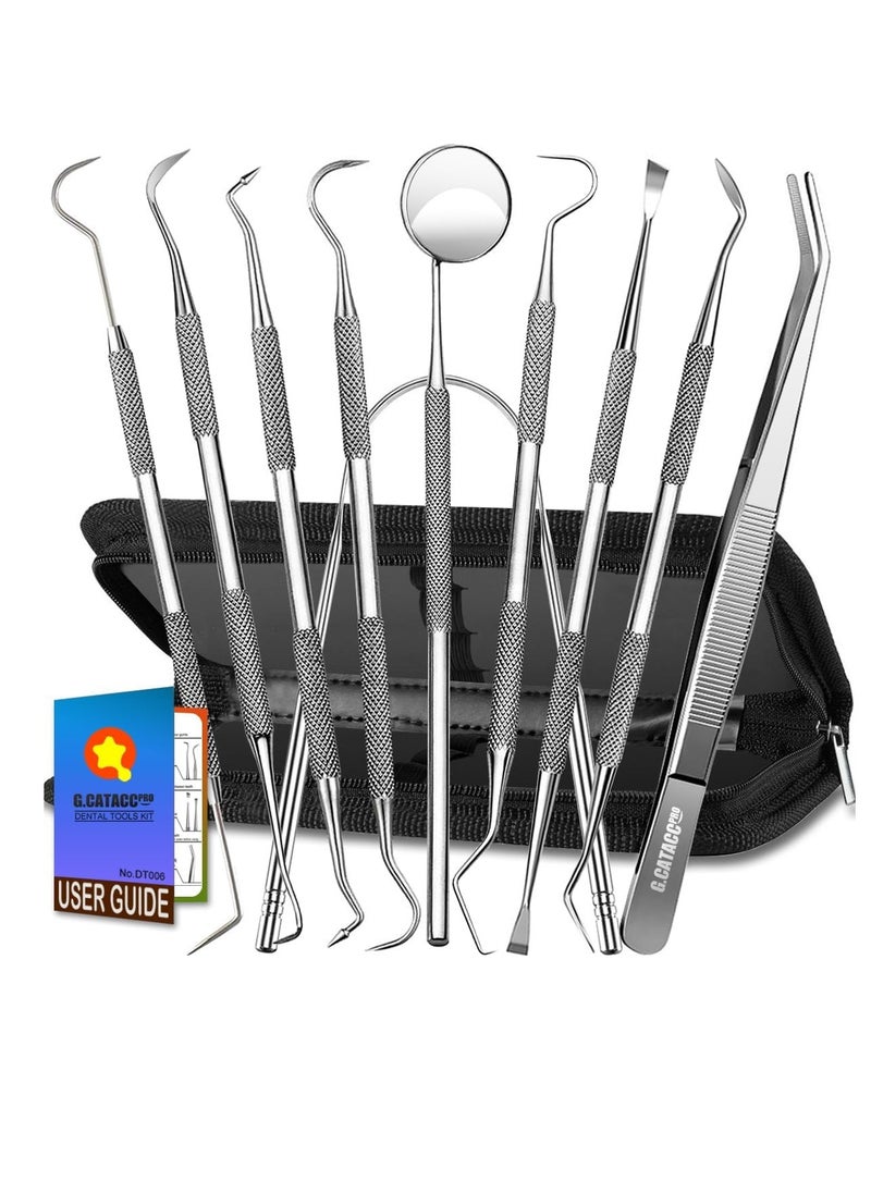 G.CATACC Dental Tools, 10 Pack Professional Plaque Remover for Teeth Cleaning Tools Set, Stainless Steel Dental Hygiene Kit with Dental Picks, Tartar Scraper, Tooth Scraper, Tongue Scraper- with Case