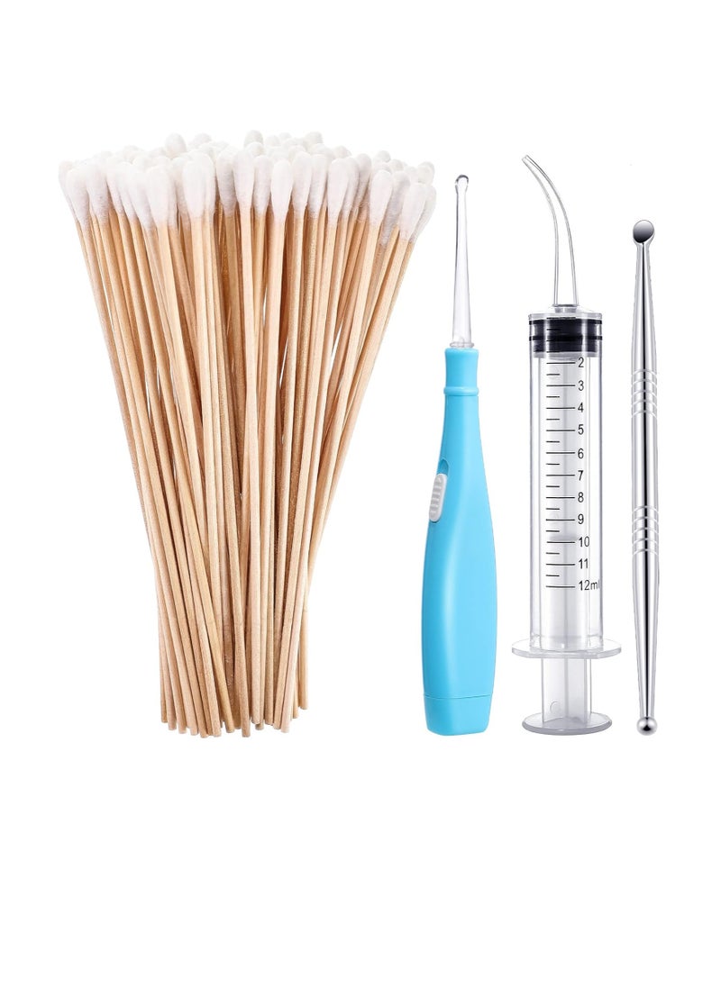 Tonsil Stone Removal Set Includes 1 Stainless Steel Tonsil Stone Removal Tool, 1 Tonsil Stone Remover with LED Light, 100 Long Swabs and 1 Curved Irrigator Syringe to Get Rid of Bad Breath (Blue)