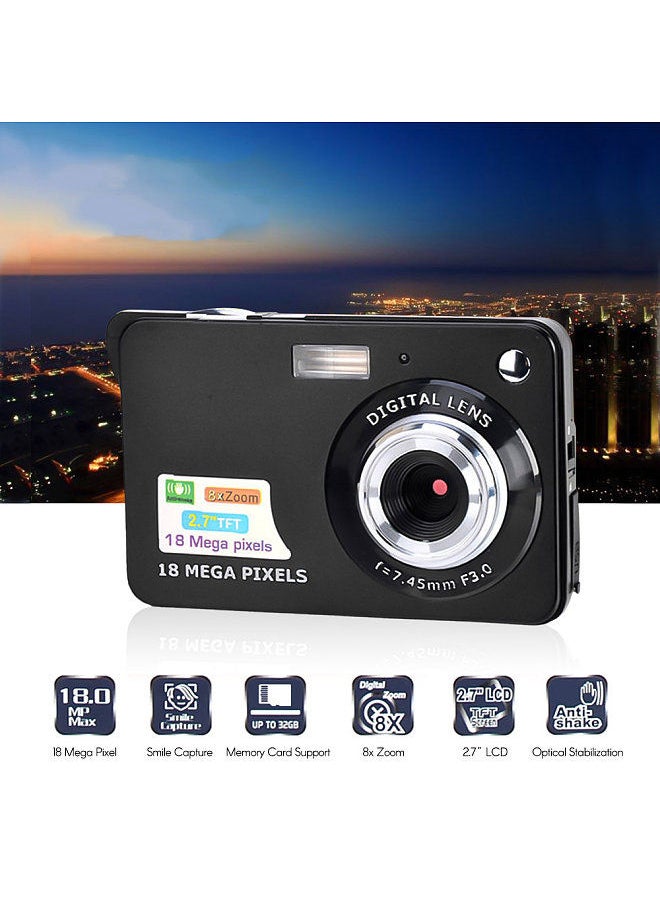 Digital Camera Mini Pocket Camera 18MP 2.7 Inch LCD Screen 8x Zoom Smile Capture Anti-Shake with Battery