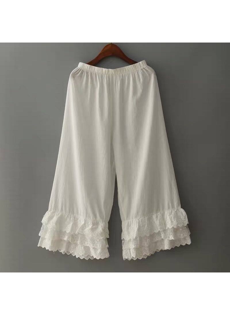 Japanese Sweet Flare Pants with Lace Trim White