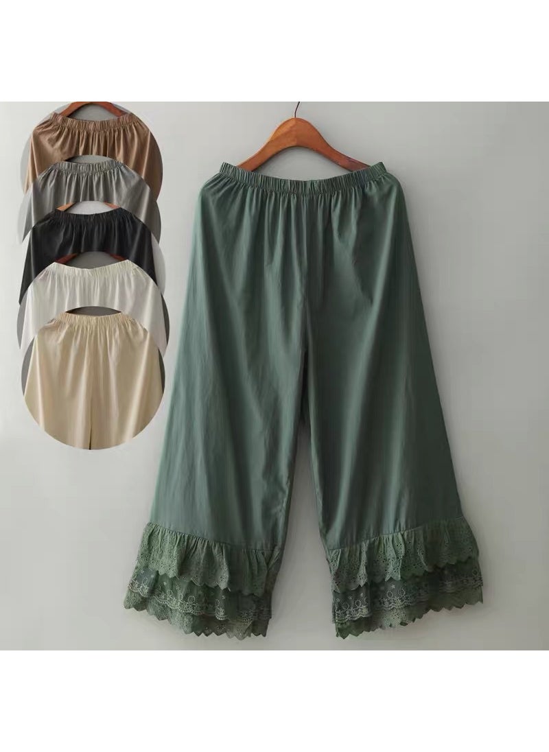 Japanese Sweet Flare Pants with Lace Trim Dark green