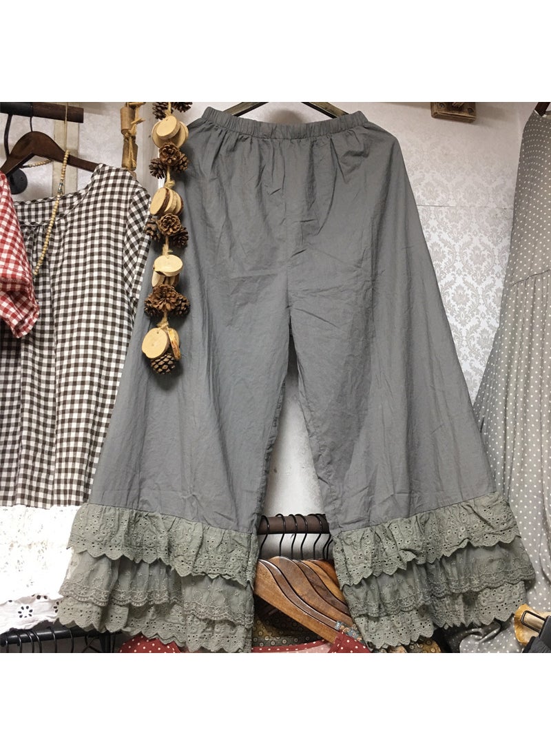 Japanese Sweet Flare Pants with Lace Trim Dark gray