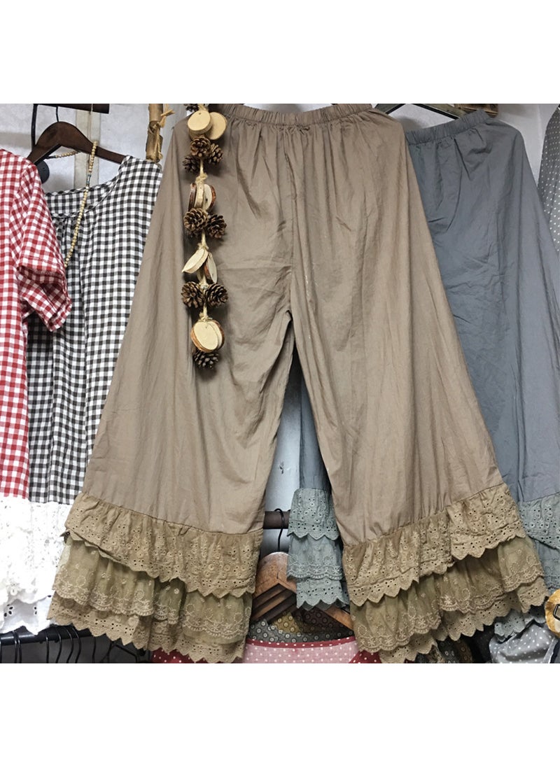 Japanese Sweet Flare Pants with Lace Trim Coffee