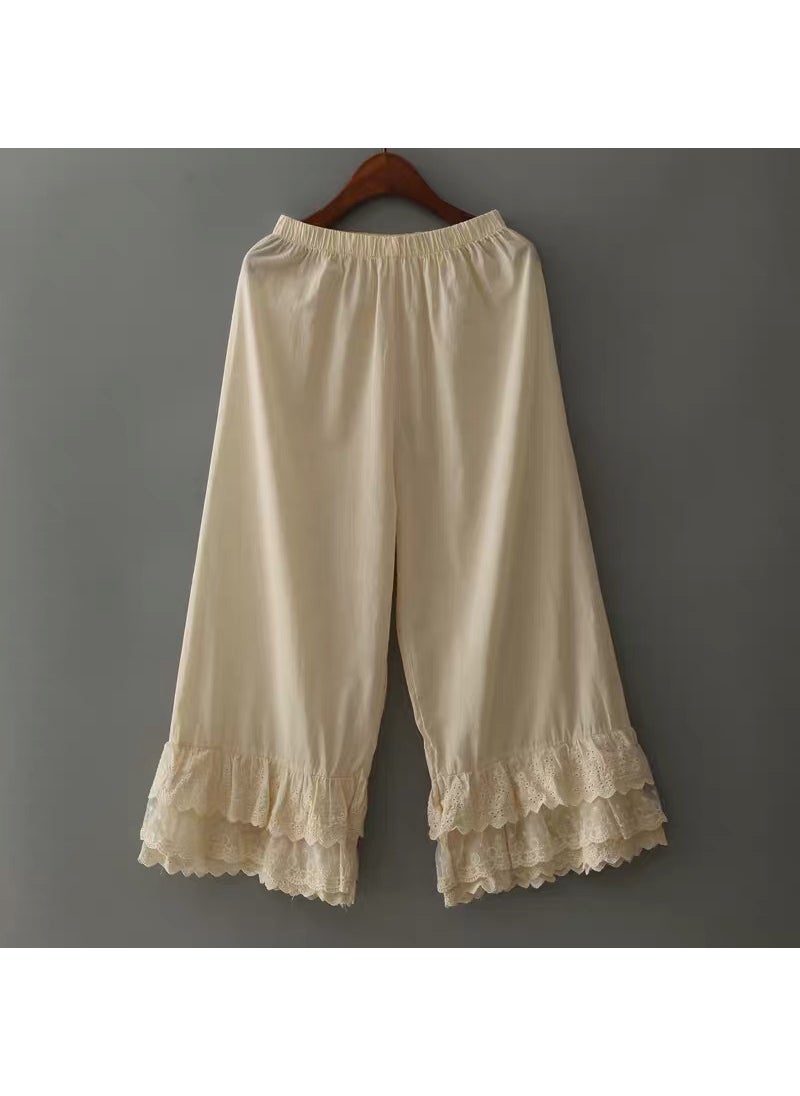 Japanese Sweet Flare Pants with Lace Trim Apricot