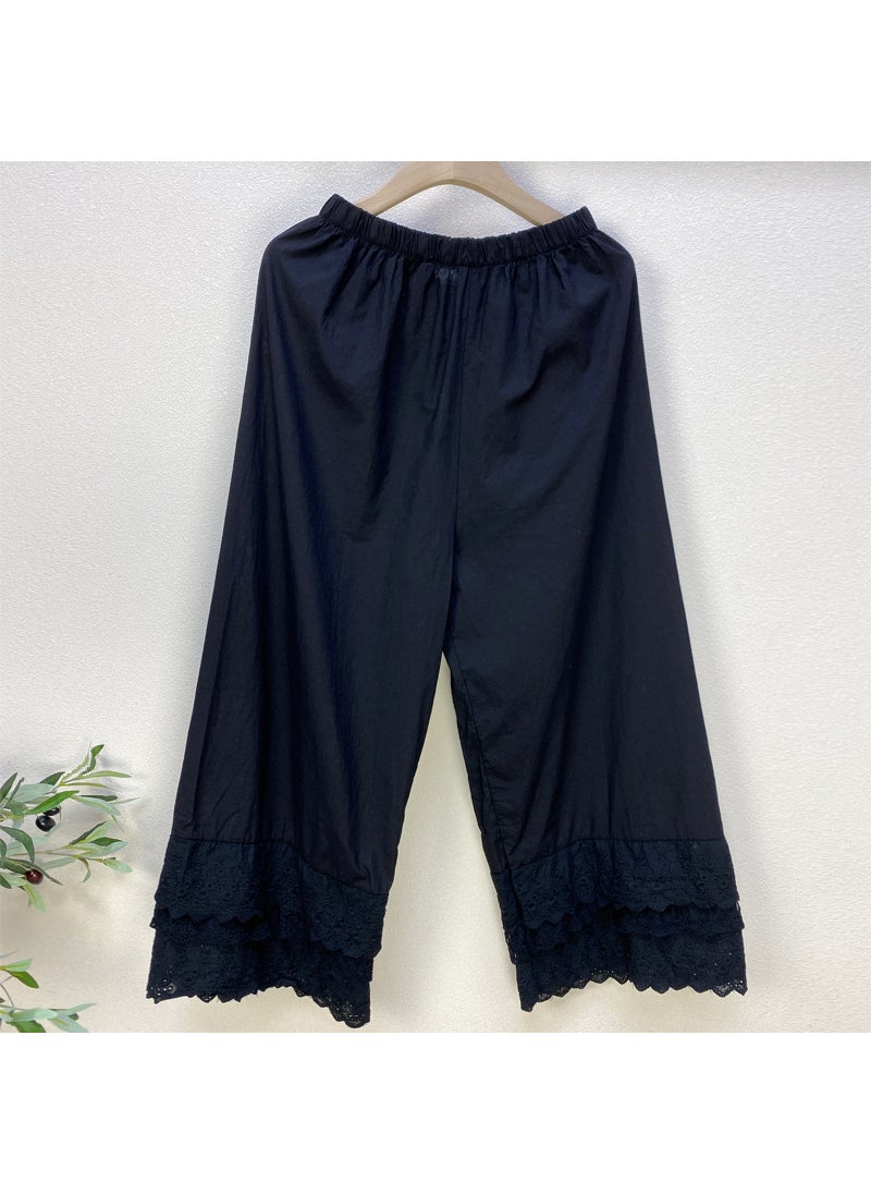 Japanese Sweet Flare Pants with Lace Trim Black