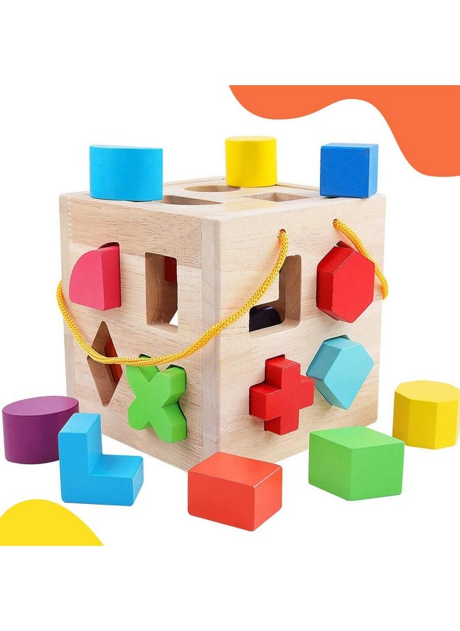 Shape Sorter Toys With 19 Shape Blocks,Shape Sorting Cube Toy Box Classic Wooden Toys For Toddlers Kids,Gift For Girls Boys 2-4(Natural Solid Wood)