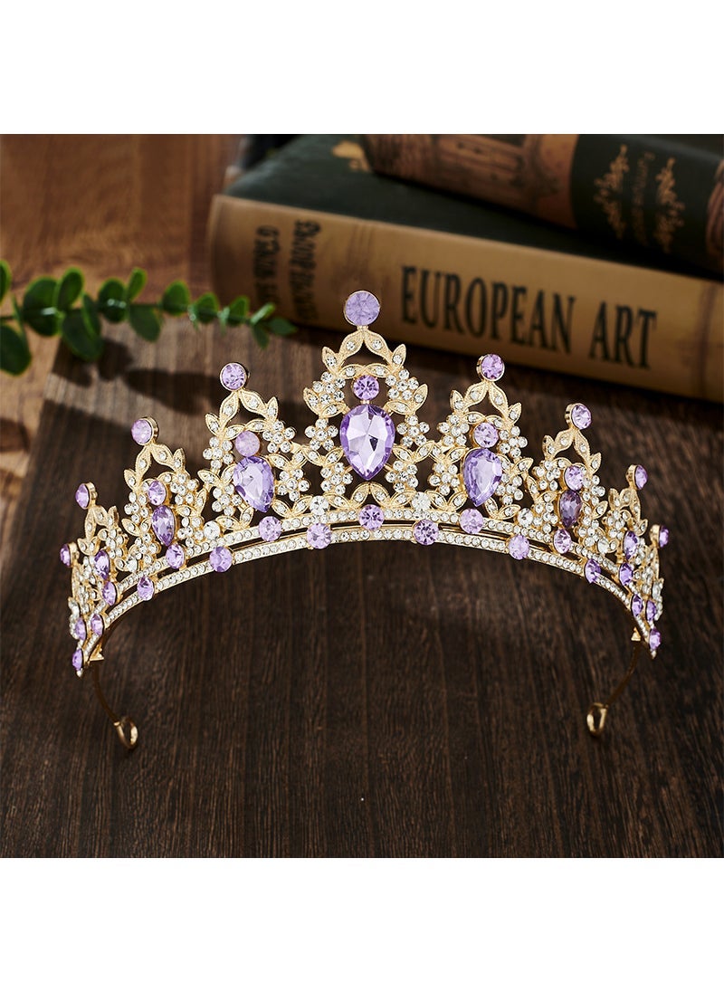 European and American bridal crown cross-border color rhinestone headband Baroque alloy Crown wedding dress accessories hair accessories Golden purple diamond