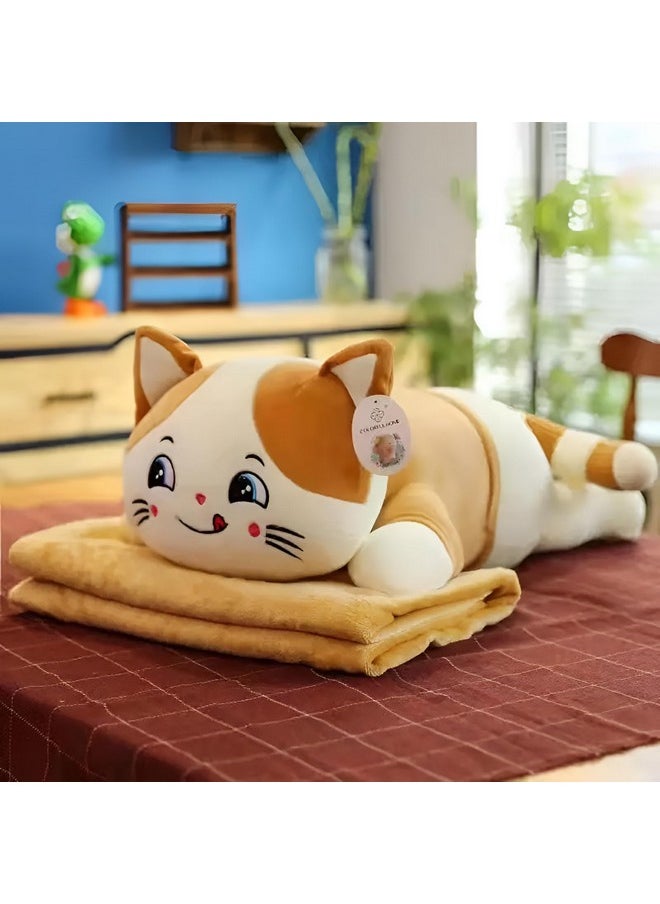 Sleeping Cat Soft Stuffed Plush Animal Pillow For Kids Boys & Girls (Size: 35 Cm Color: White & Brown)