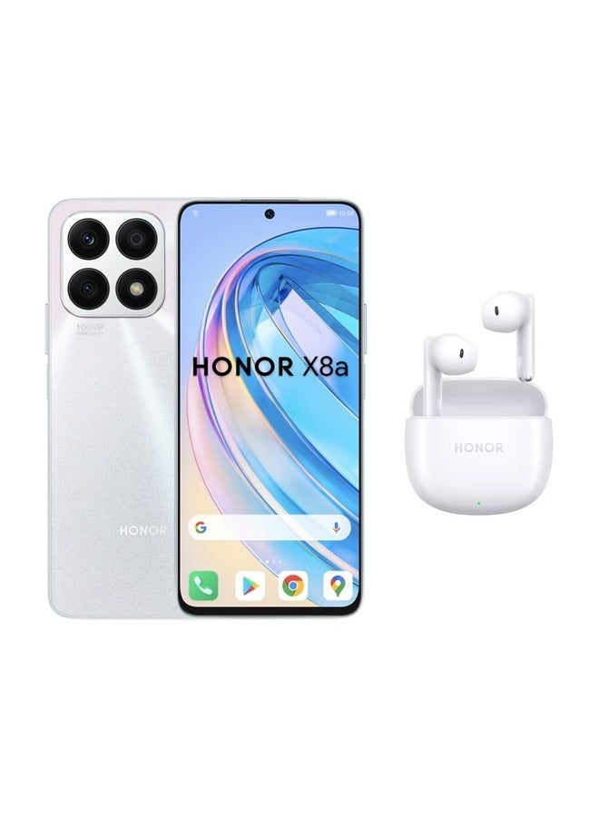 X8a Dual SIM 8GB RAM 128GB 4G LTE - Titanium Silver, With Honor X6 Earbuds - White