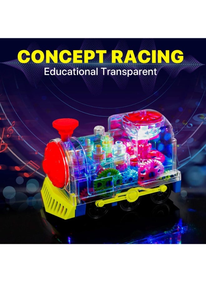 Light Up Gear Train Toy for Kids – Transparent Electric Rotating Mechanical Train with Flashing Lights, Music & Sound – Educational Locomotive Toy