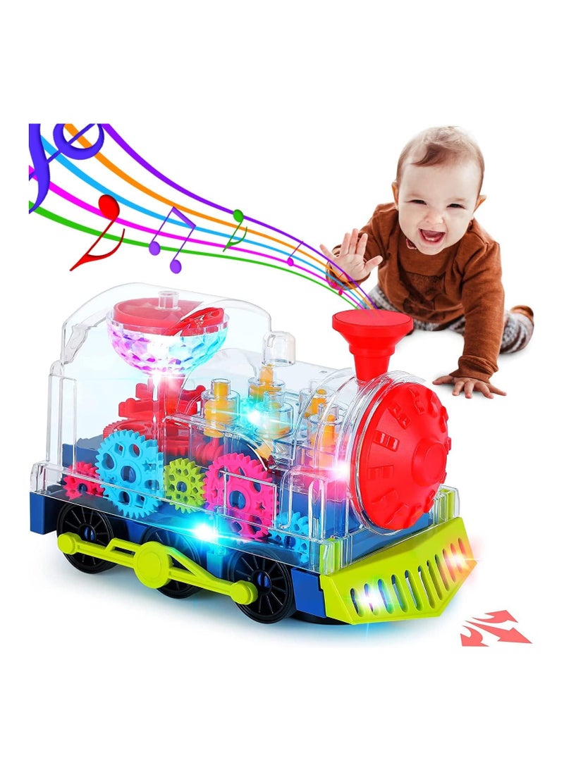 Light Up Gear Train Toy for Kids – Transparent Electric Rotating Mechanical Train with Flashing Lights, Music & Sound – Educational Locomotive Toy