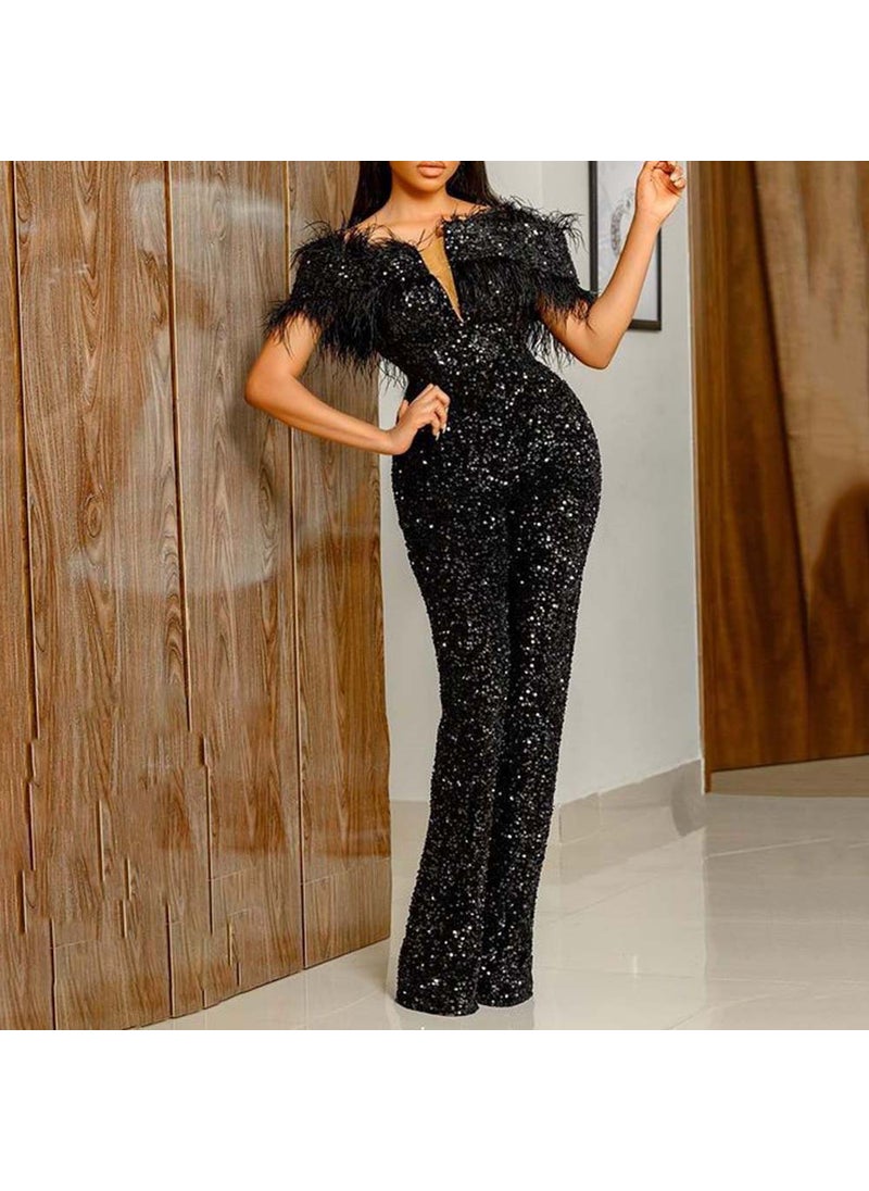 2024 Spring Summer Womens Sequined Jumpsuit with Feather V-Neck Black