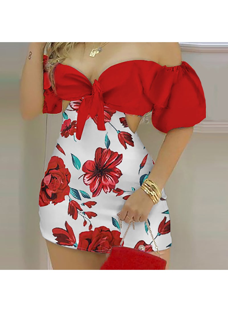 Off-Shoulder Print Bodycon Romper Fall 2024 Red