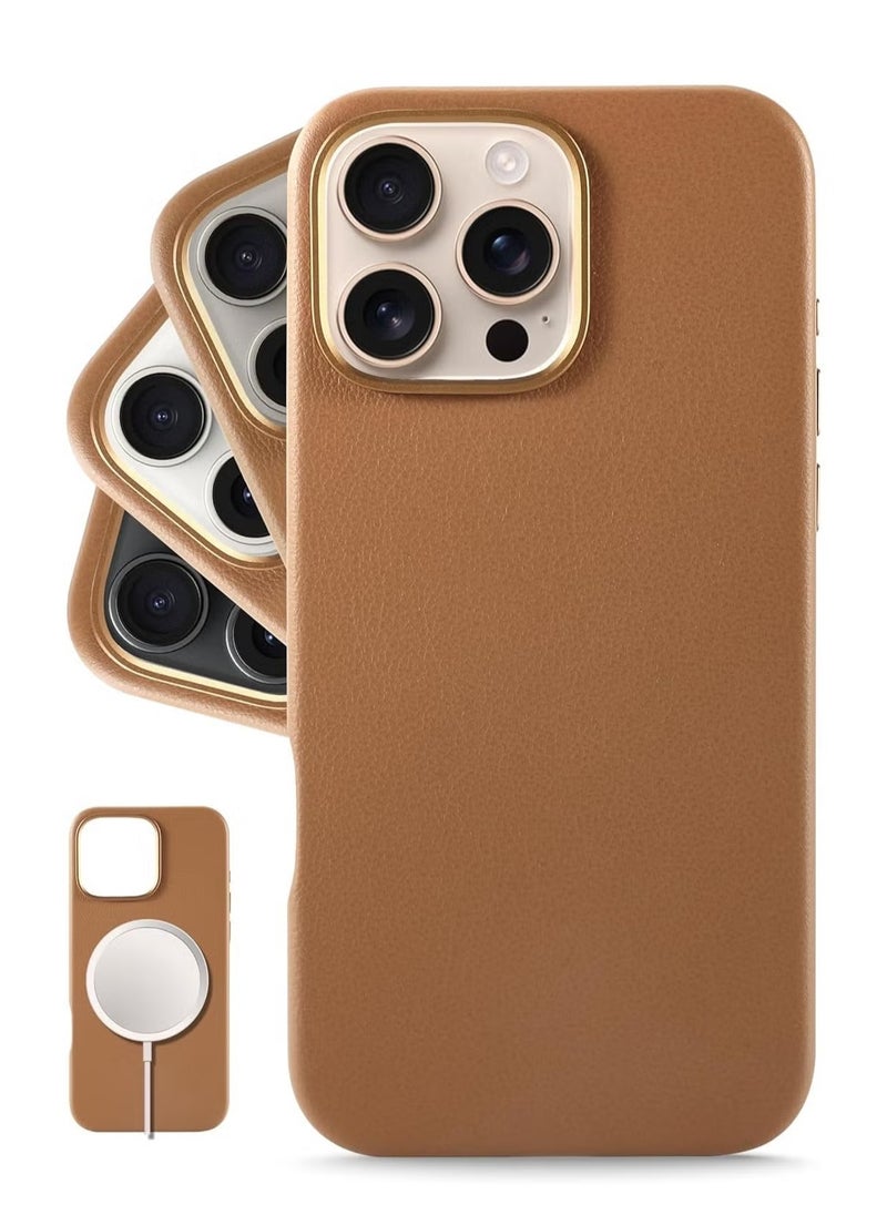 Leather Phone Case for iPhone 16 Pro – Brown, Smoothens & Softens Over Time, Compatible