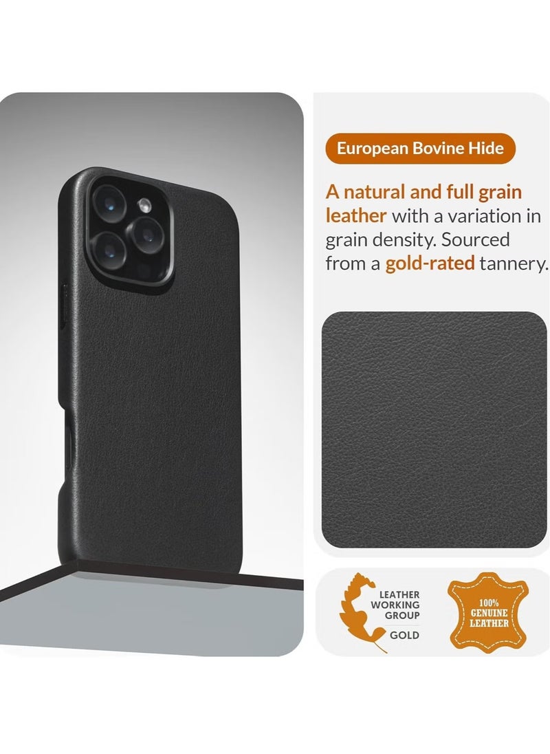 Leather Phone Case for iPhone 16 Pro – Black, Smoothens & Softens Over Time, Compatible