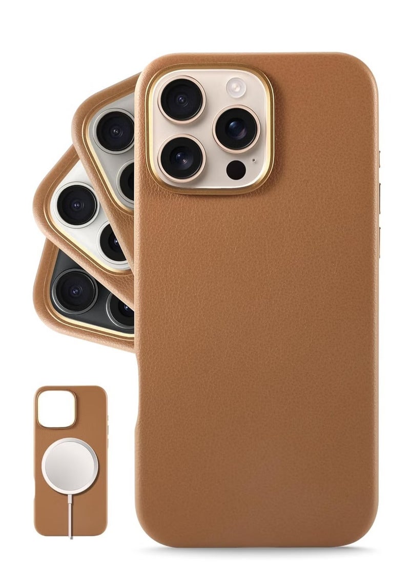 Leather Phone Case for iPhone 16 Pro – Brown, Smoothens & Softens Over Time, Compatible