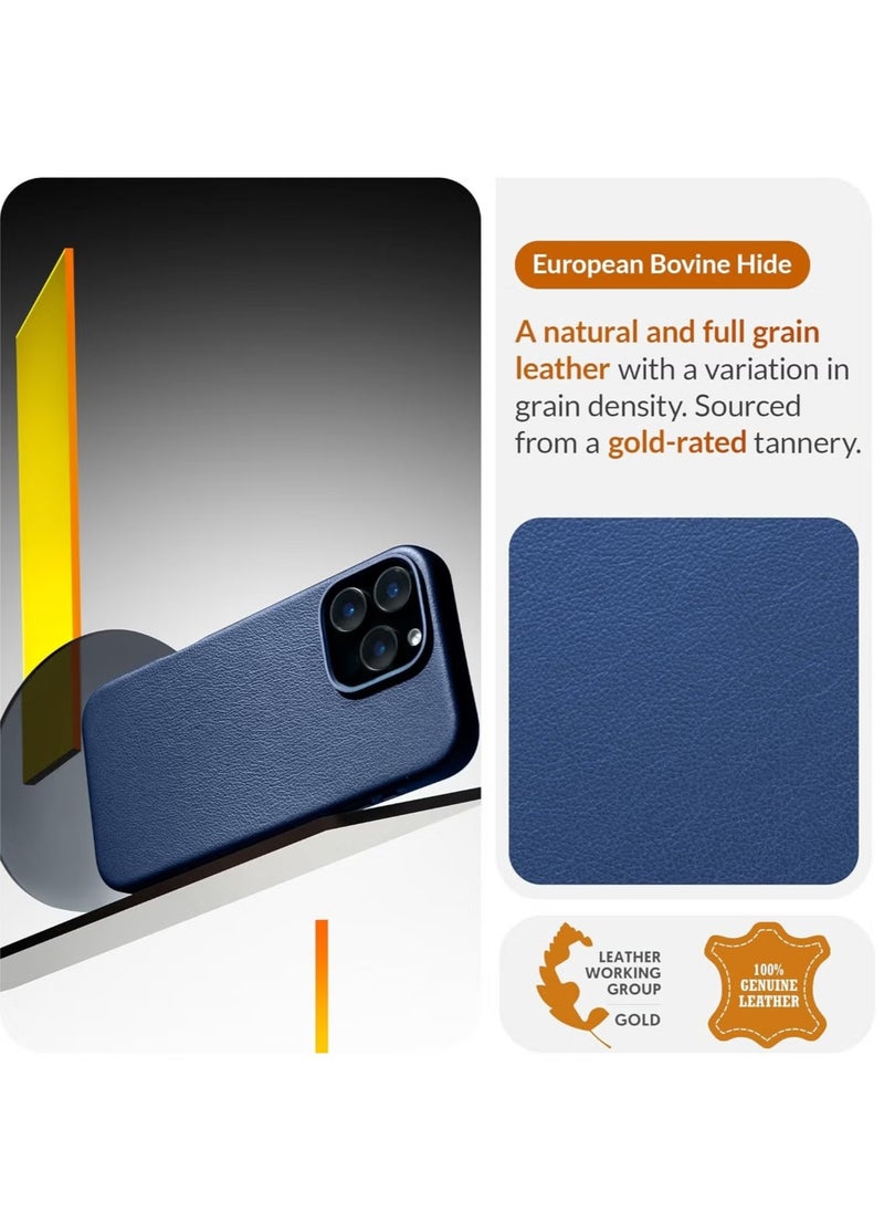Leather Phone Case for iPhone 16 Pro – Blue, Smoothens & Softens Over Time, Compatible