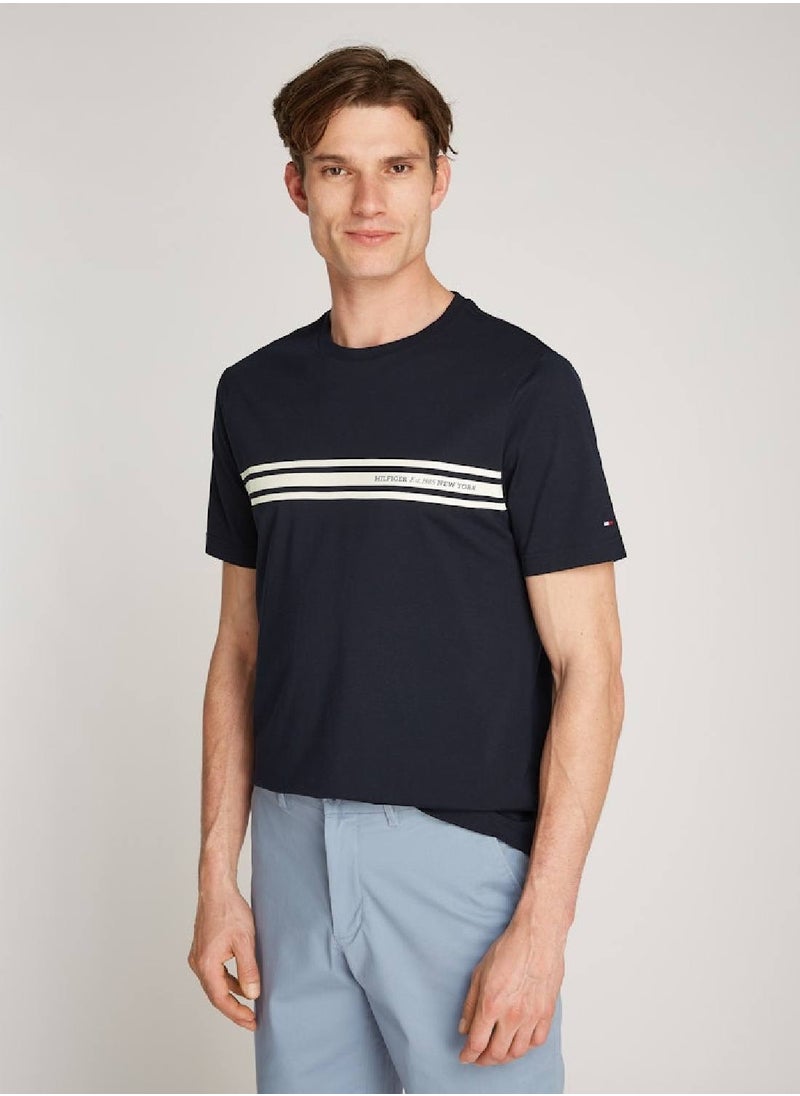 Men's Central Chest Striped T-shirt - Cotton, Blue