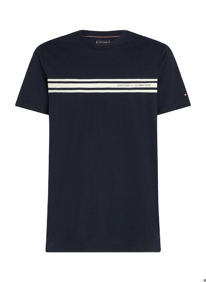 Men's Central Chest Striped T-shirt - Cotton, Blue