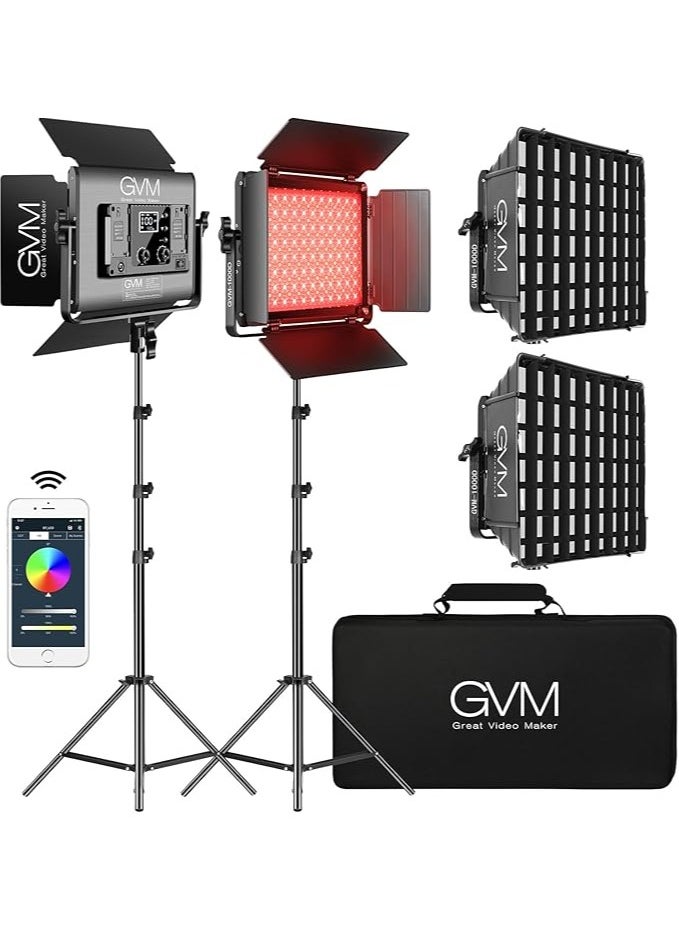 GVM Great Video Maker 1000D RGB Led Light with 2 Softboxes, Photography Lighting Kit with Bluetooth Control, Full Color Lighting Kit with 18 Applicable Scenes, 2 Packs Led Light Panel for Shooting