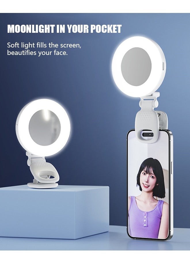 LED Selfie Light Mirror, Selfie Light for iPhone with 3 Lights and Infinite Adjustment Modes, 200 mAh Phone Light Clip for Cell Phones,Laptop, TikTok, Makeup, Live Broadcast (white)