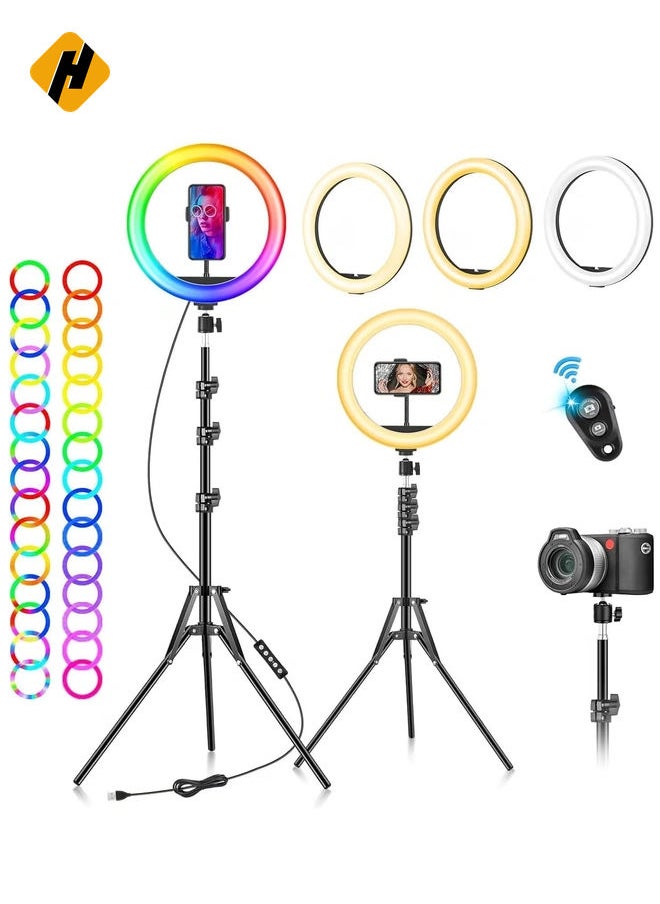 Ring Light with Tripod Stand & Phone Holder - 10 inch Selfie LED Ringlight Dimmable Desktop Lamp 40 Colors RGB Tall Circle Light for Camera Makeup Video YouTube