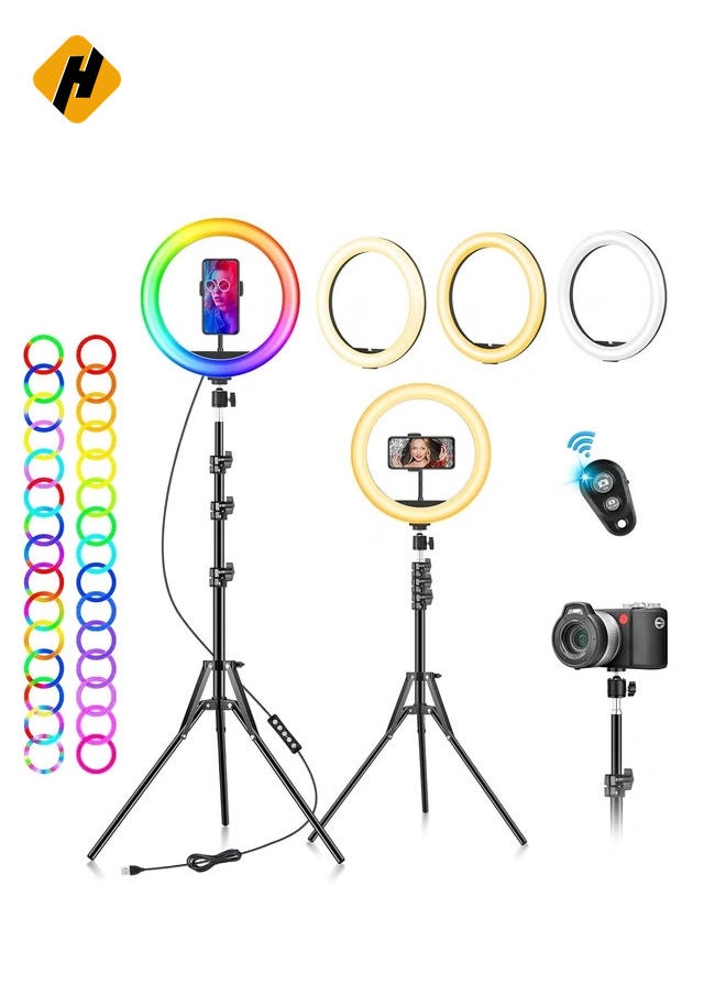 Ring Light with Tripod Stand & Phone Holder - 10 inch Selfie LED Ringlight Dimmable Desktop Lamp 40 Colors RGB Tall Circle Light for Camera Makeup Video YouTube