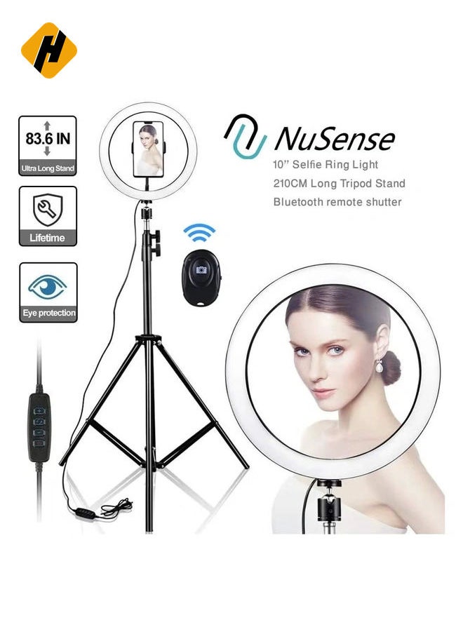 10 Inch Selfie Ring Light with 210CM Tripod & Cell Phone Holder & Bluetooth Remote Shutter for Live Stream, YouTube Video, Makeup