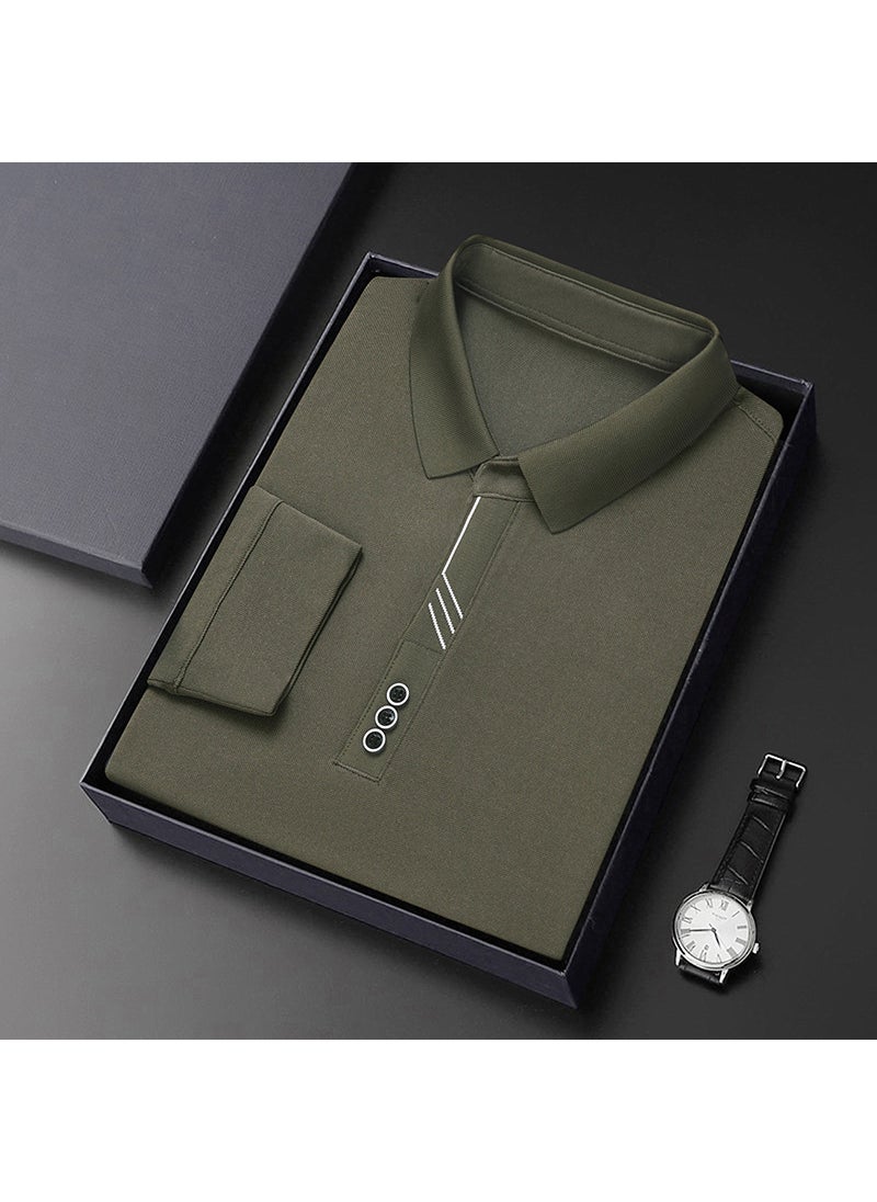 Mens Long Sleeve Polo Shirt Casual Spring Fall Army Green