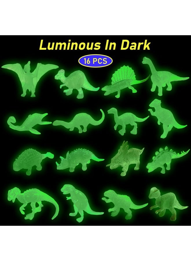 16 Pcs Mini Dinosaur Figures, Small Luminous Dinosaur Toy, Glow In The Dark Dinosaur Party Favors Cake Toppers, Plastic Dino Toys For Kids Easter Basket Suffers Treasure Goody Bag