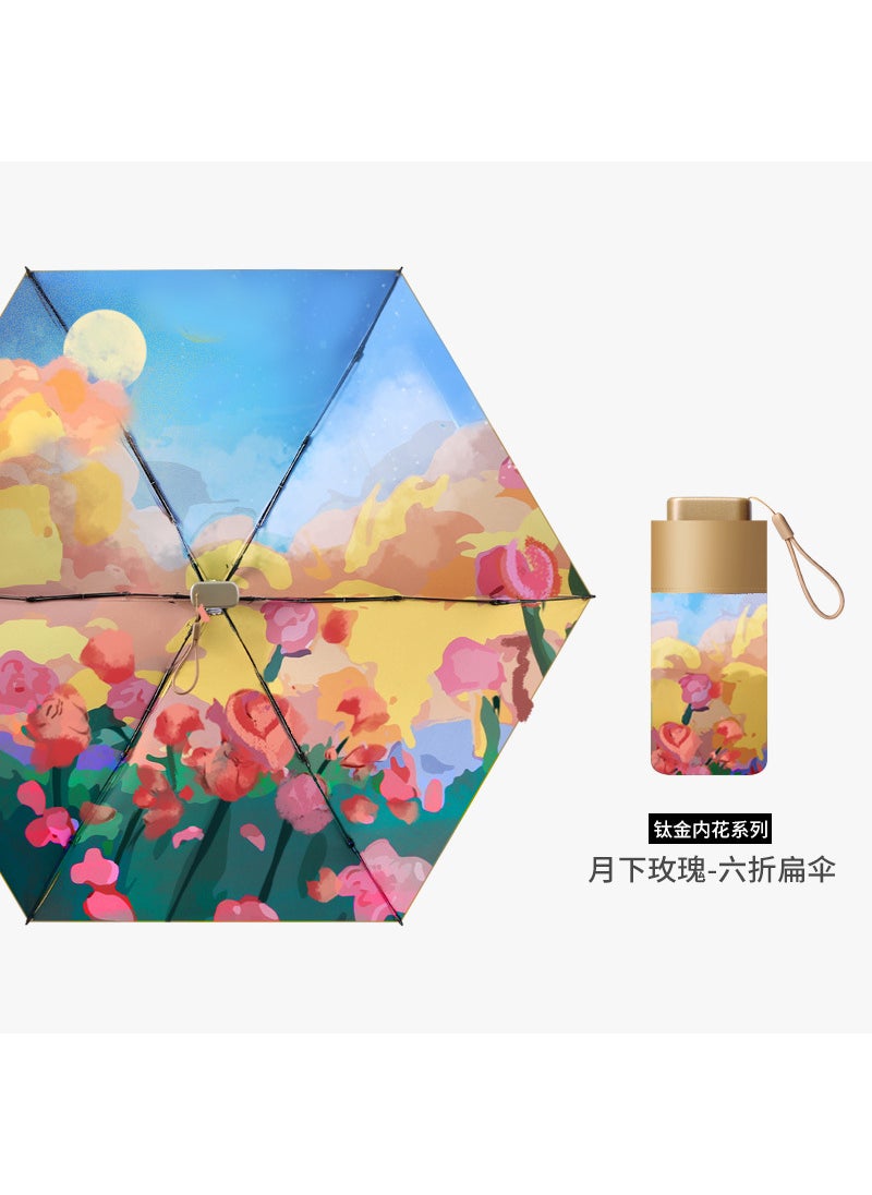 UV Protection Pocket Umbrella Mini Portable Sunshade Six fold under the moon rose-titanium sunscreen coating