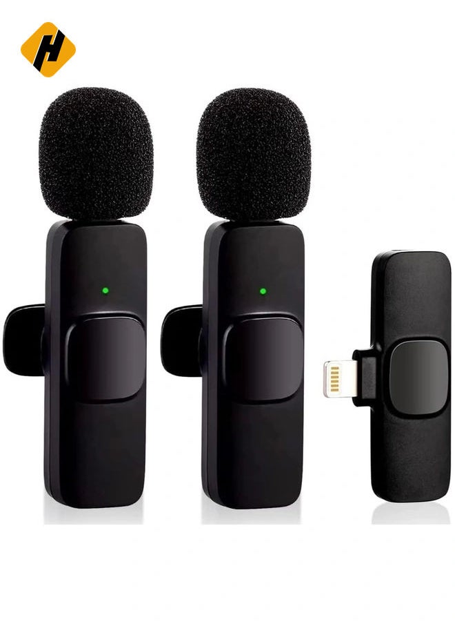 Wireless Microphone for iPhone iPad- Plug-Play Wireless Mic with 2 Microphone for Phone Video Recording- Interview- Vlog- Auto Sync and Noise Reduction- 2.4G, Black