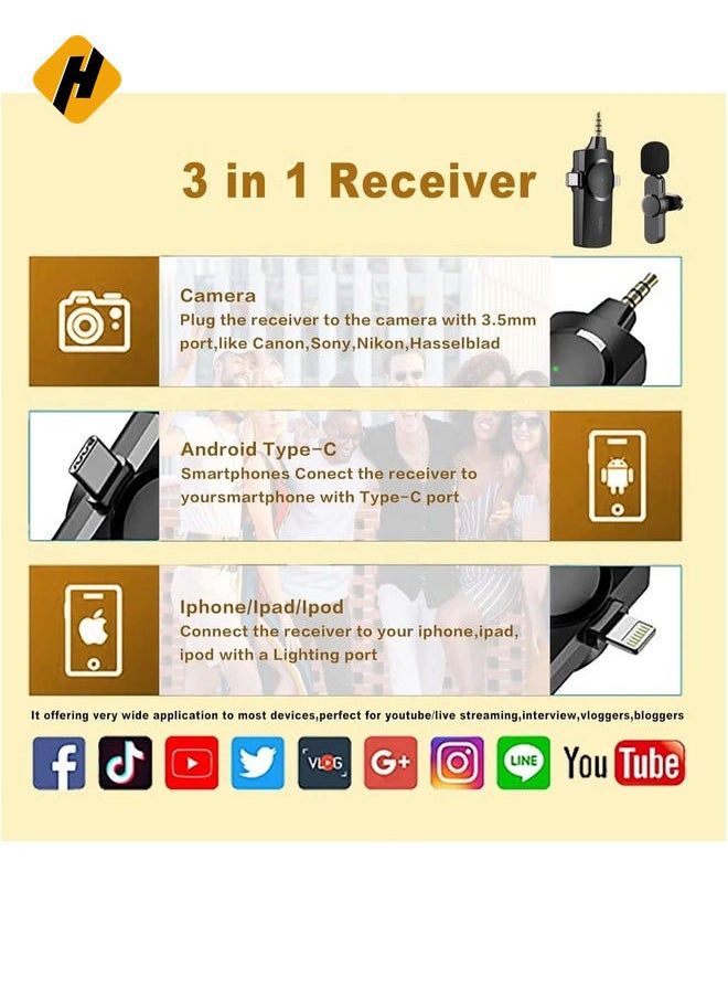 Wireless Microphone,3-in-1 Plug-Play Lapel Microphone for iPhone iPad Android Camera for Recording,YouTube,TikTok, Facebook Live Stream,Noise Reduction Auto-Sync (NO APP or Bluetooth Needed)