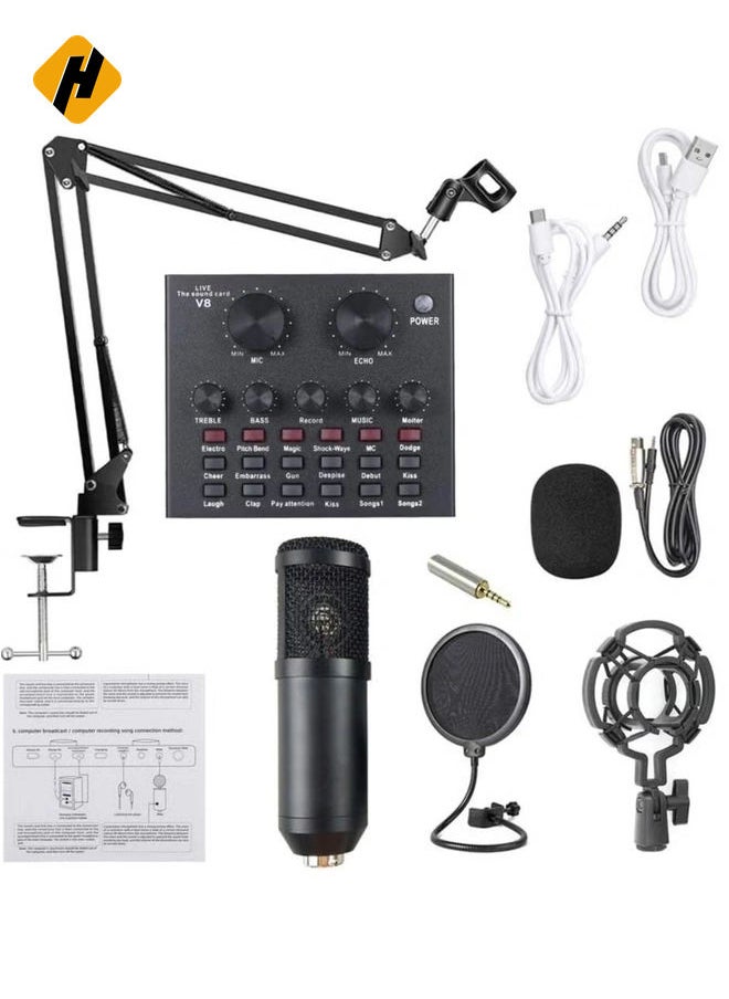 Microphone,Live Sound Card & BM800 Suspension Microphone Kit Broadcasting Recording Condenser Microphone Set Intelligent Volume Audio Mixer Sound Card for Computer PC Live Sound