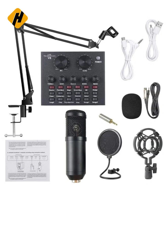 Microphone,Live Sound Card & BM800 Suspension Microphone Kit Broadcasting Recording Condenser Microphone Set Intelligent Volume Audio Mixer Sound Card for Computer PC Live Sound