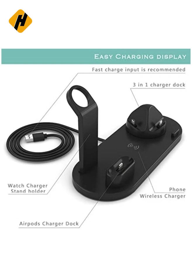 Multi-Function Charging Stand Compatible with iPhone, Android Micro USB & Type-C Phone Wireless 3 in 1 Rotatable Charging Dock - Black